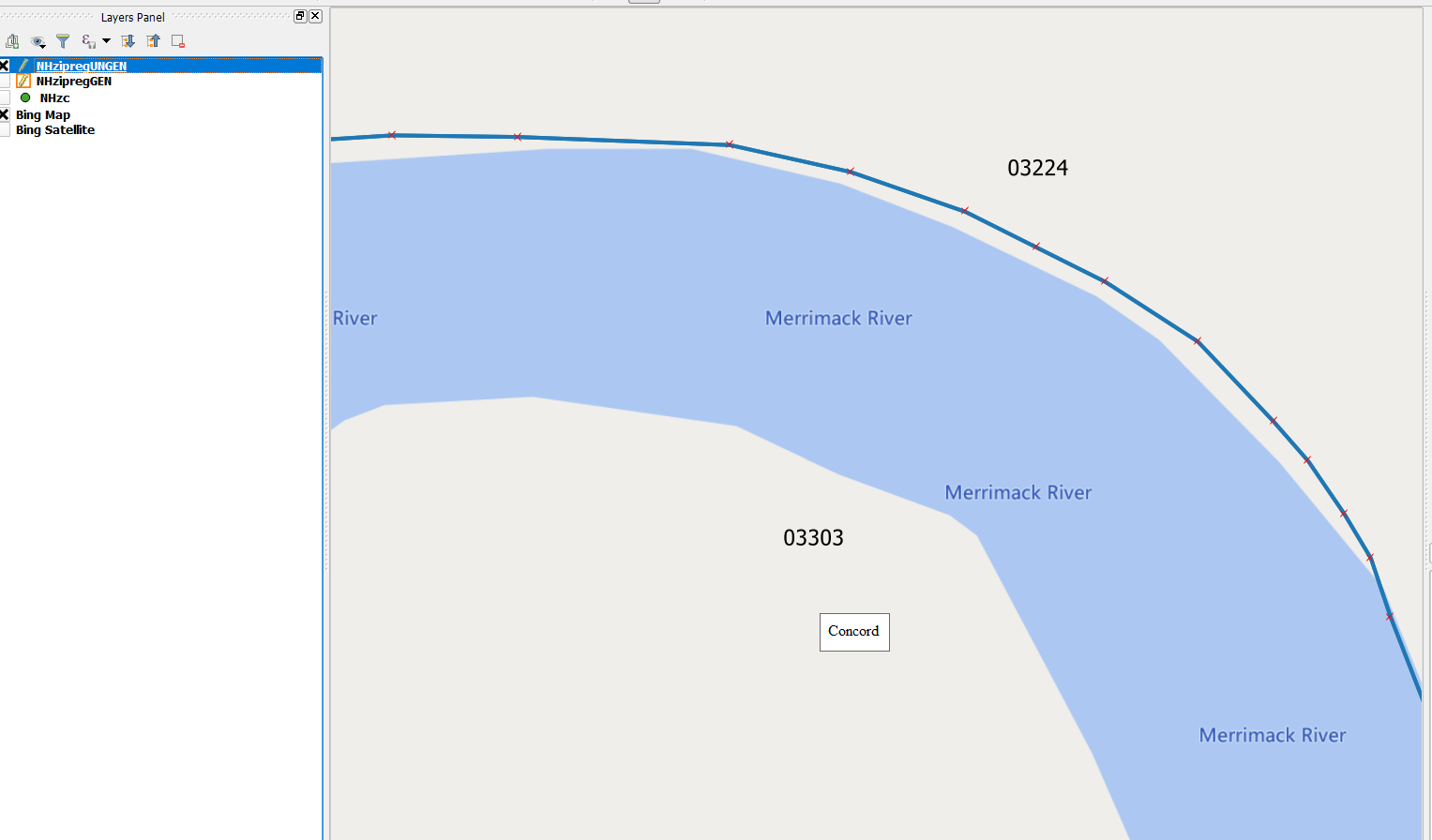Ungeneralized ZIP Border along a river